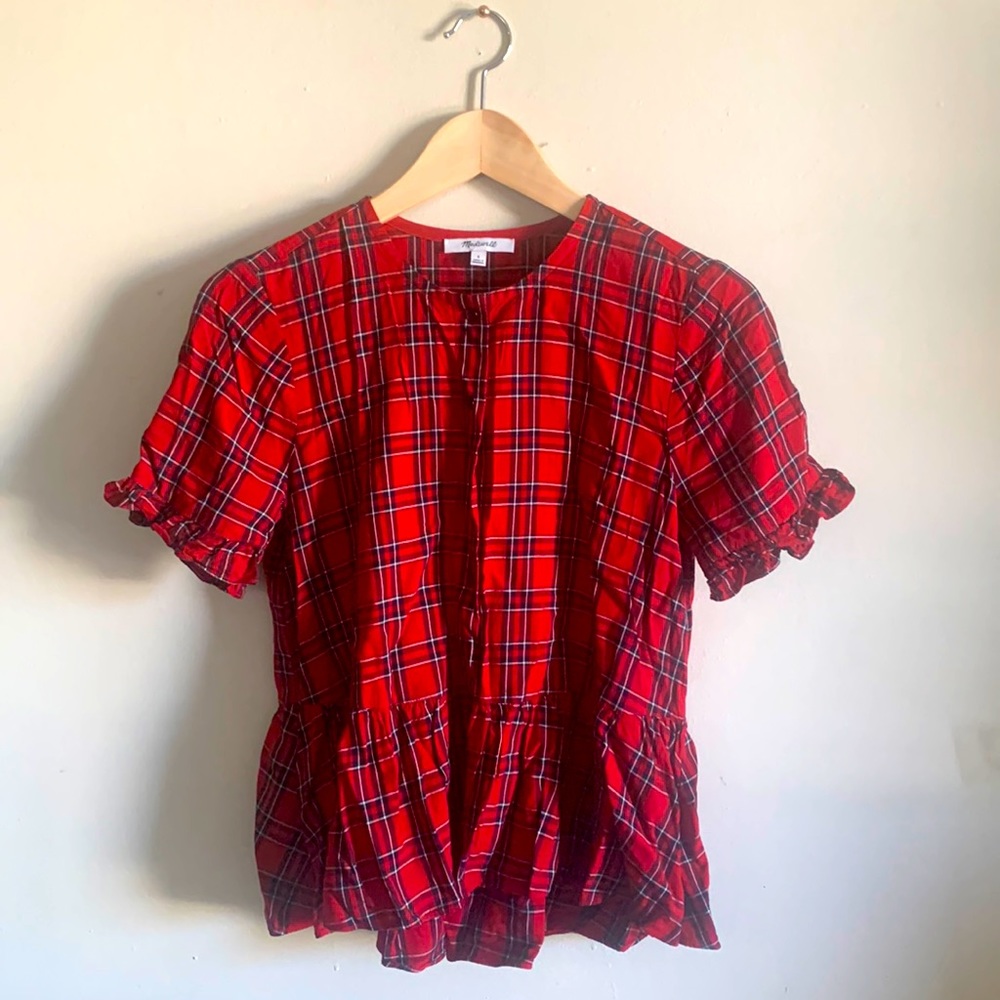 Madewell Red Checked Button Down Blouse Size Xs - image 1